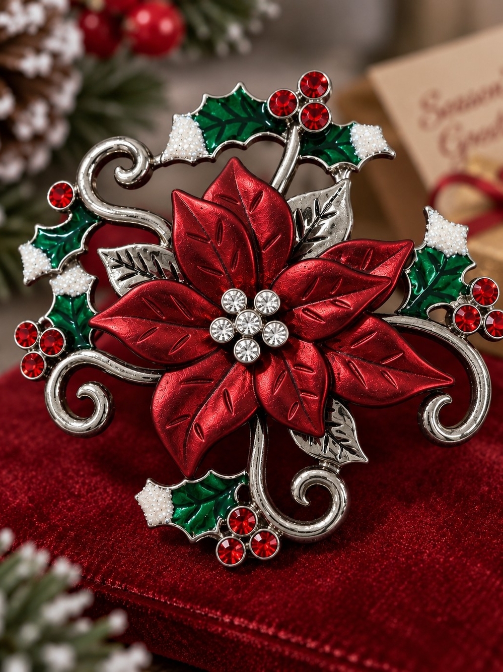 Festive Red Poinsettia Brooch with Green Holly Accents -